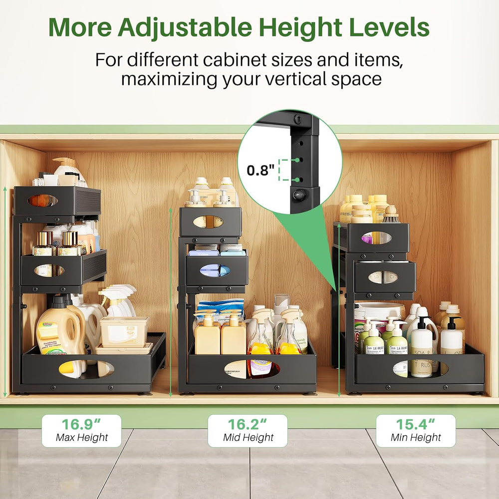 Kitstorack Under Sink Organizer 3-Tier Slide Out Drawer 2-Pack Black
