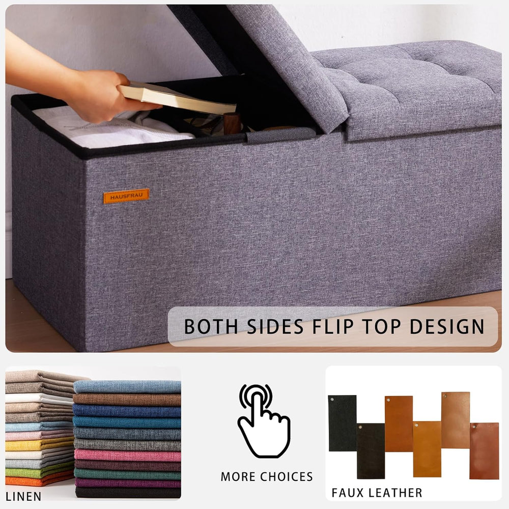 HAUSFRAU Ottoman with Storage Bench Folding Foot Rest Stool Linen Black