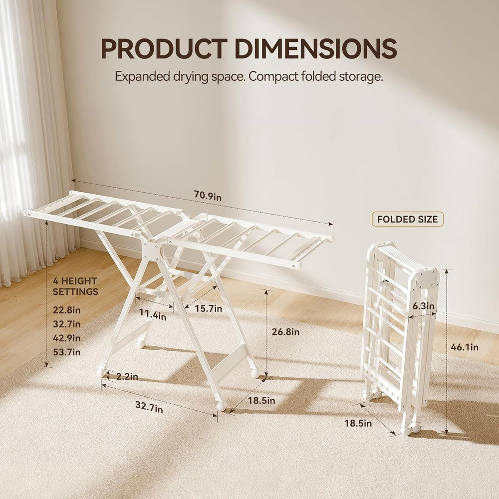 SUJI Collapsible Clothes Drying Rack, Dual Wing with Wheels, White
