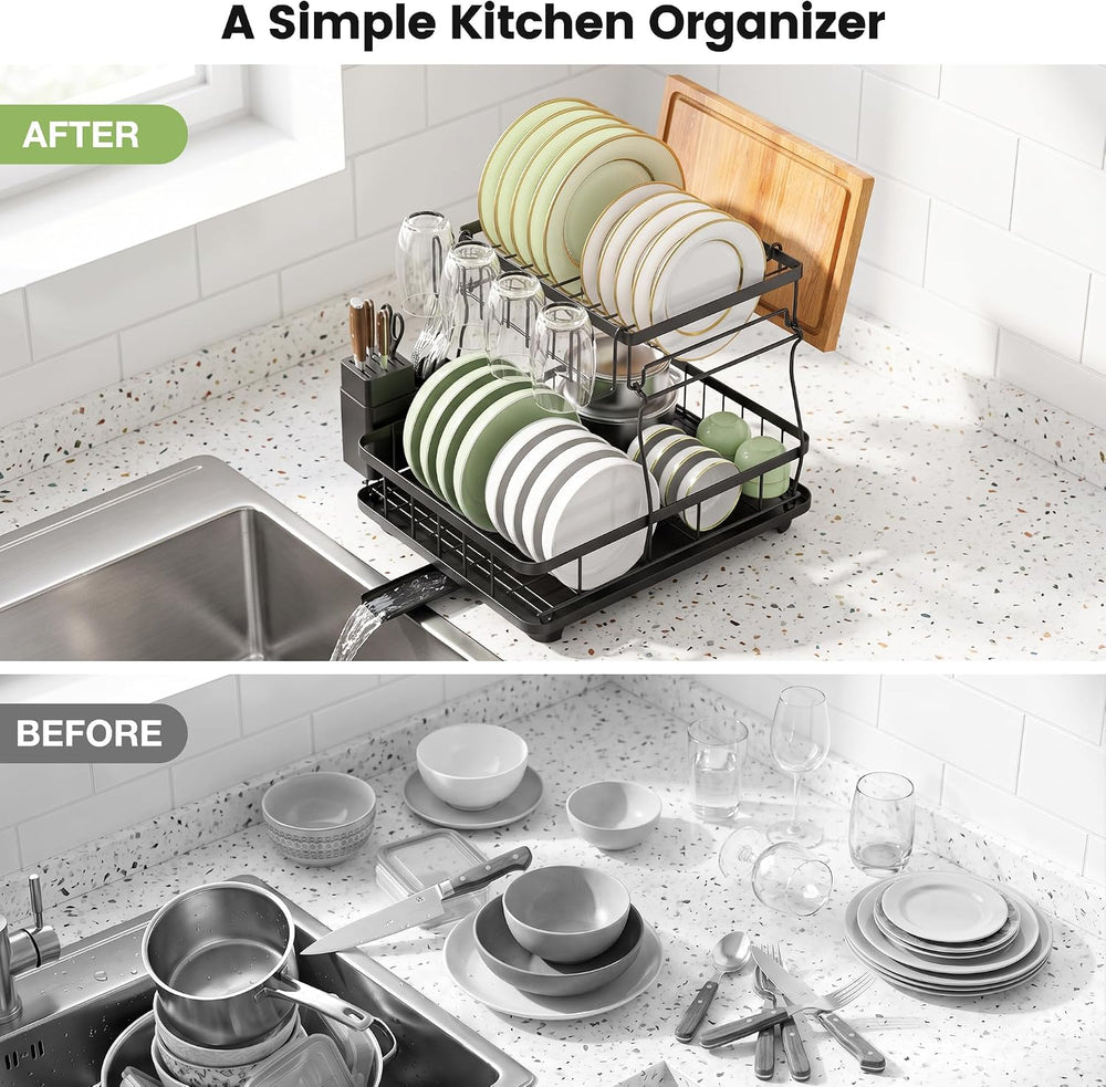 2-Tier Large Dish Drying Rack for Kitchen Counter, Black