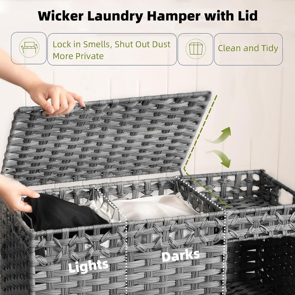 Laundry Hamper with Lid, 160L Rattan Wicker Laundry Basket with Wheels, Handw...