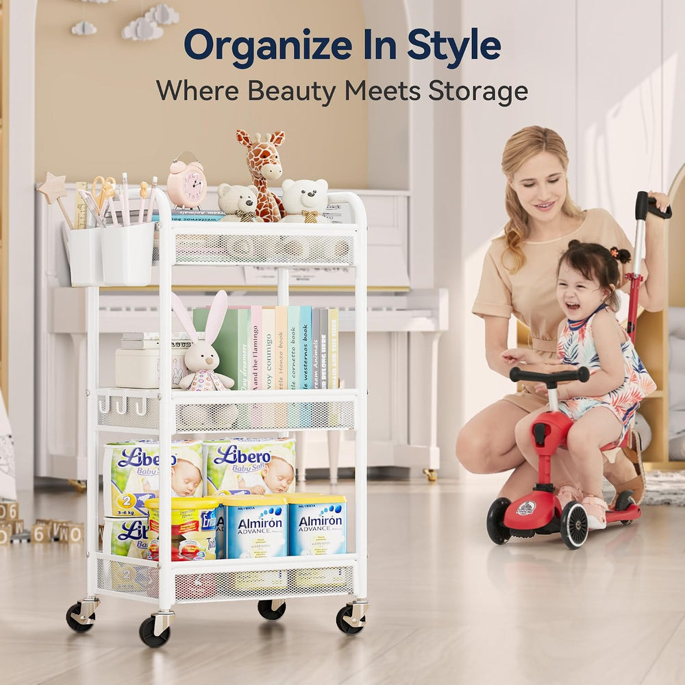 YASONIC 3 Tier Metal Rolling Cart, White Utility Storage Cart with Wheels