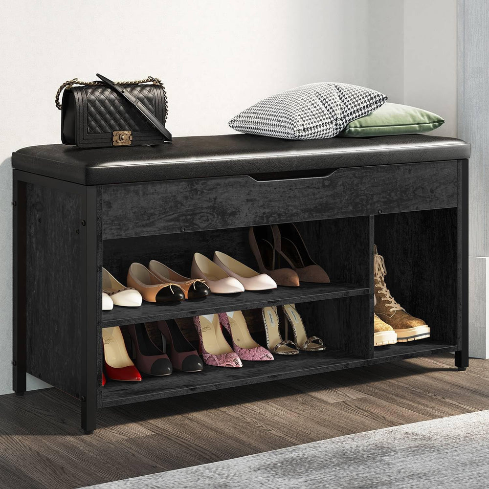Shoe Bench, Lift Top Shoe Storage Bench, Adjustable Shelf Entryway Bench, Met...