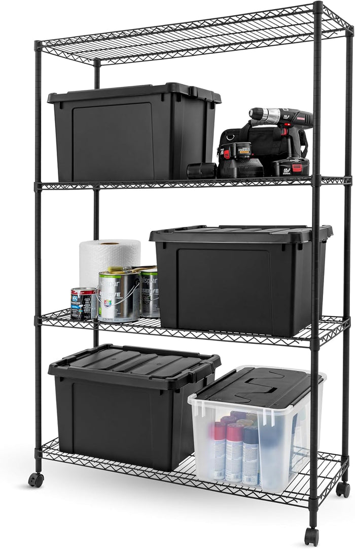 IRIS USA, Inc. 4-Tier Adjustable Heavy Duty Steel Storage Rack with Removable Locking Casters (Up to 1200 lbs Loading Capacity), Wire Organization Unit with Metal Shelves, Black (48"L x 18"W x 73.5"H)