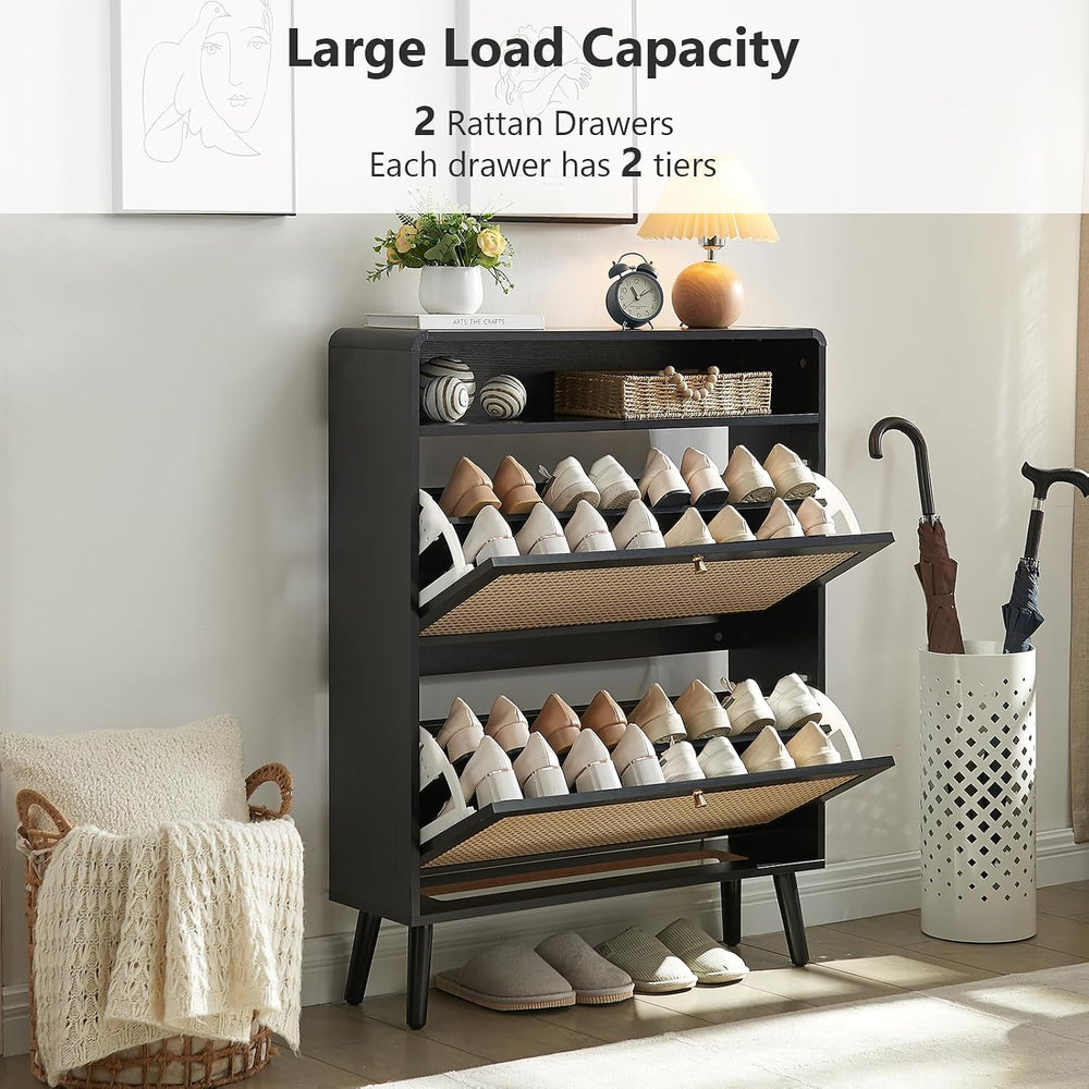 Hommoo Rattan Shoe Storage Cabinet Set of 2 with 2 Flip Doors, Wood Narrow Sh...