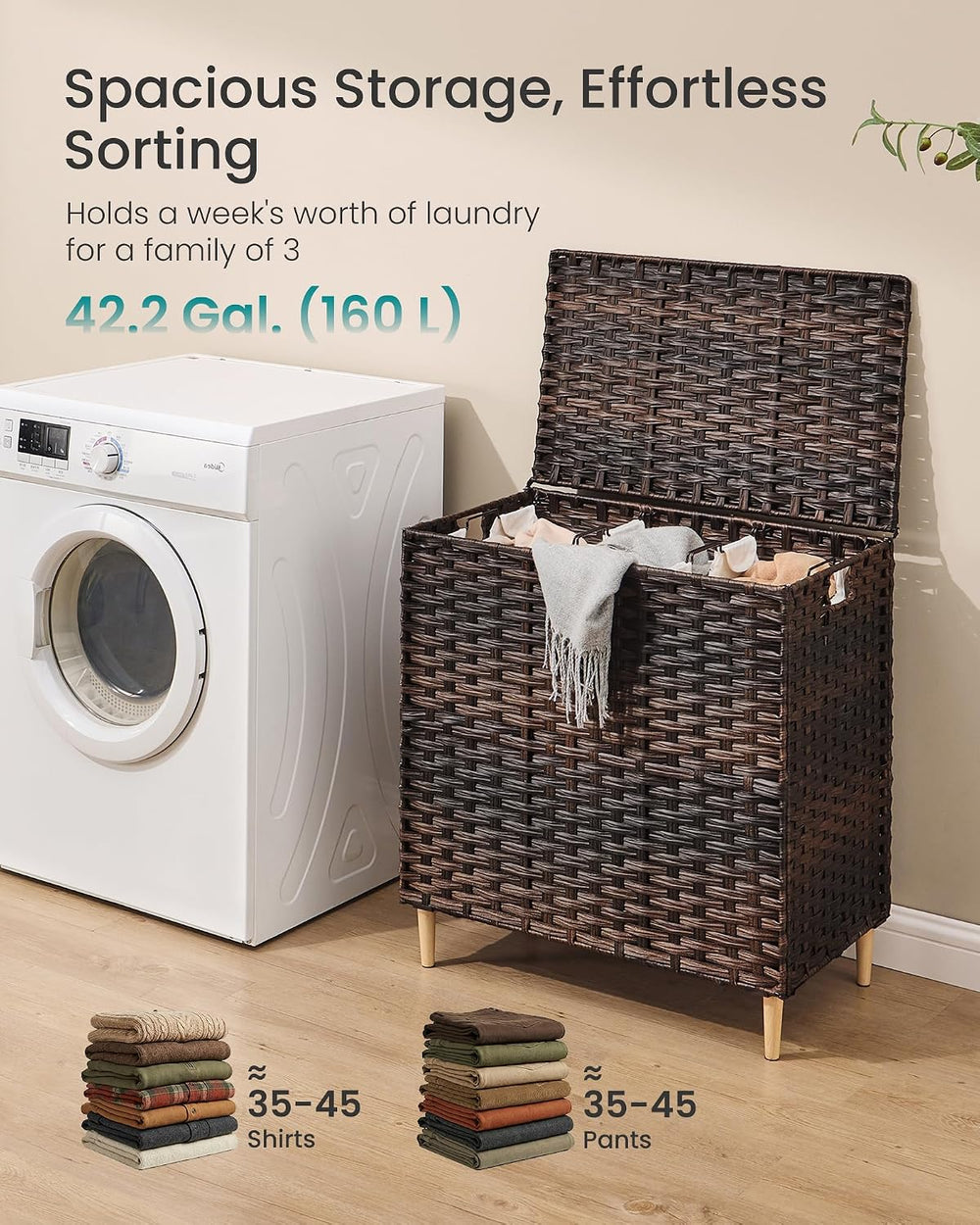 SONGMICS 3-Section Laundry Hamper with Lid, PE Rattan, 42 Gallons (160 L)