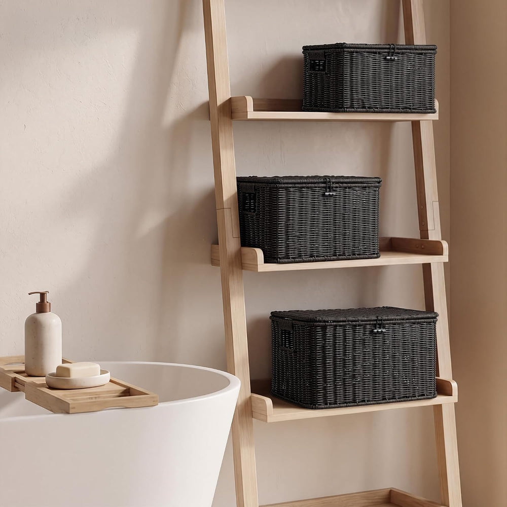 Nonam Wicker Storage Basket With lid, Stackable Plastic Bin (Black, S+M+L)