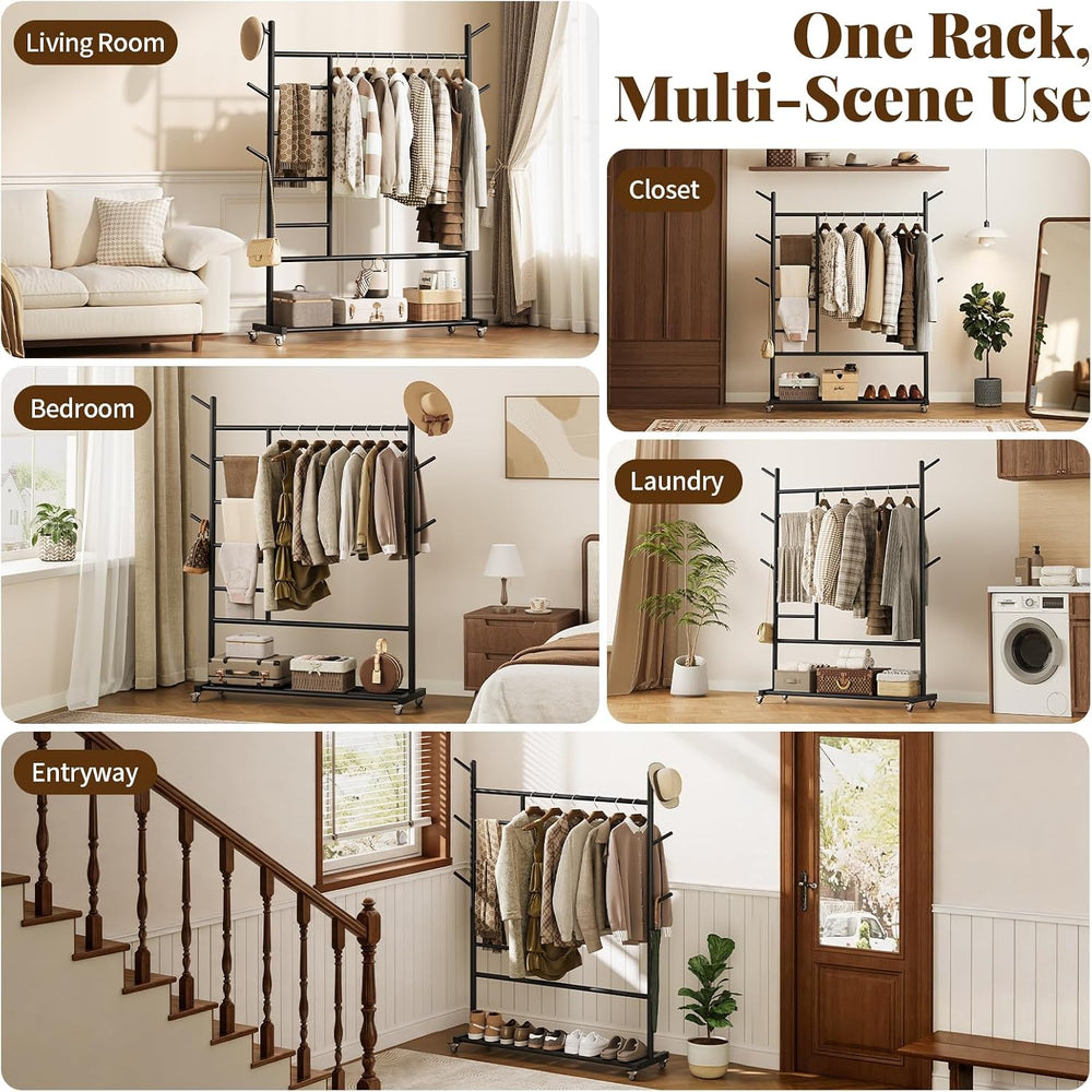 Yoobure Solid Wood Clothing Rack, 4-in-1 Wooden Clothes Rack with Wheels
