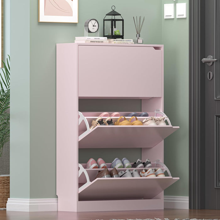 HUANLEGO Pink Shoe Cabinet for Entryway with 3 Flip Drawers, 31.5" W
