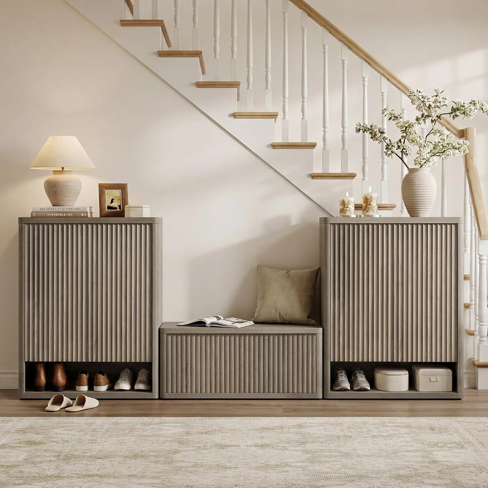 SICOTAS Shoe Cabinet 44 inch Tall Fluted Shoe Cabinet with Doors & 4 Shel...