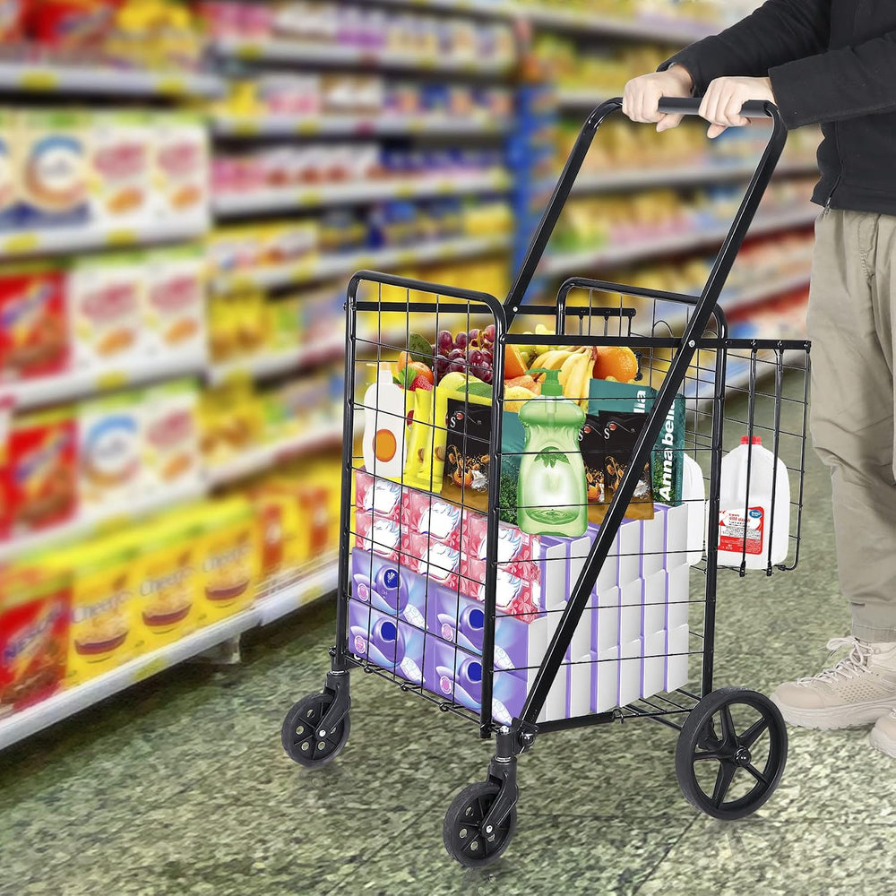 SUPER DEAL Folding Shopping Cart with Wheels and Double Basket for Groceries ...