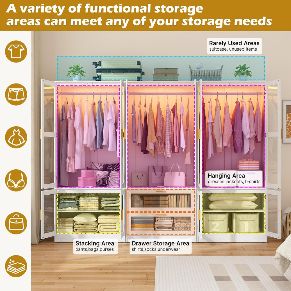 6 Doors Armoire Wardrobe Closet with LED and Mirror,71" H Freestanding W...