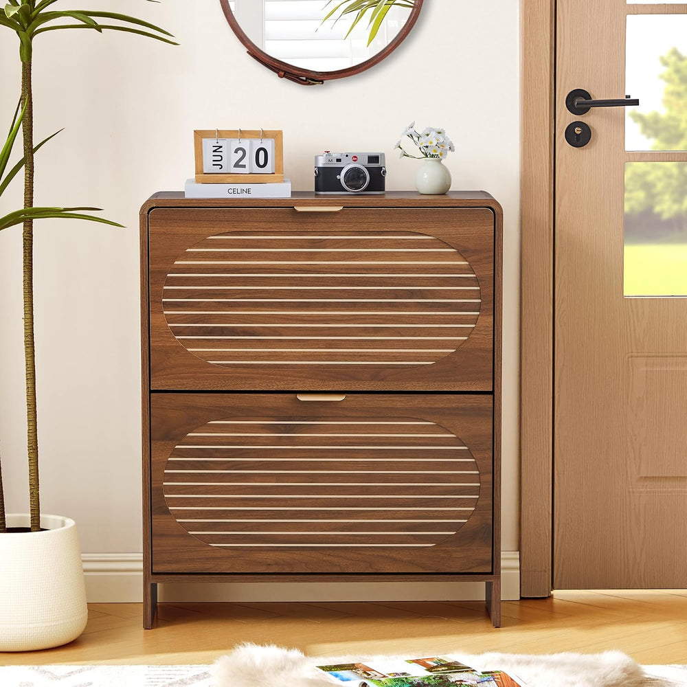 Narrow Shoe Storage Cabinet for Entryway with 2 Flip Drawers, Freestanding Wo...
