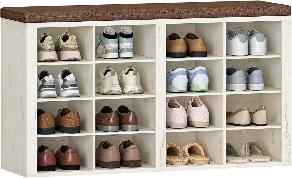Hzuaneri Shoe Storage Bench with Cushion, Entryway 16-Cubby Shoe Rack