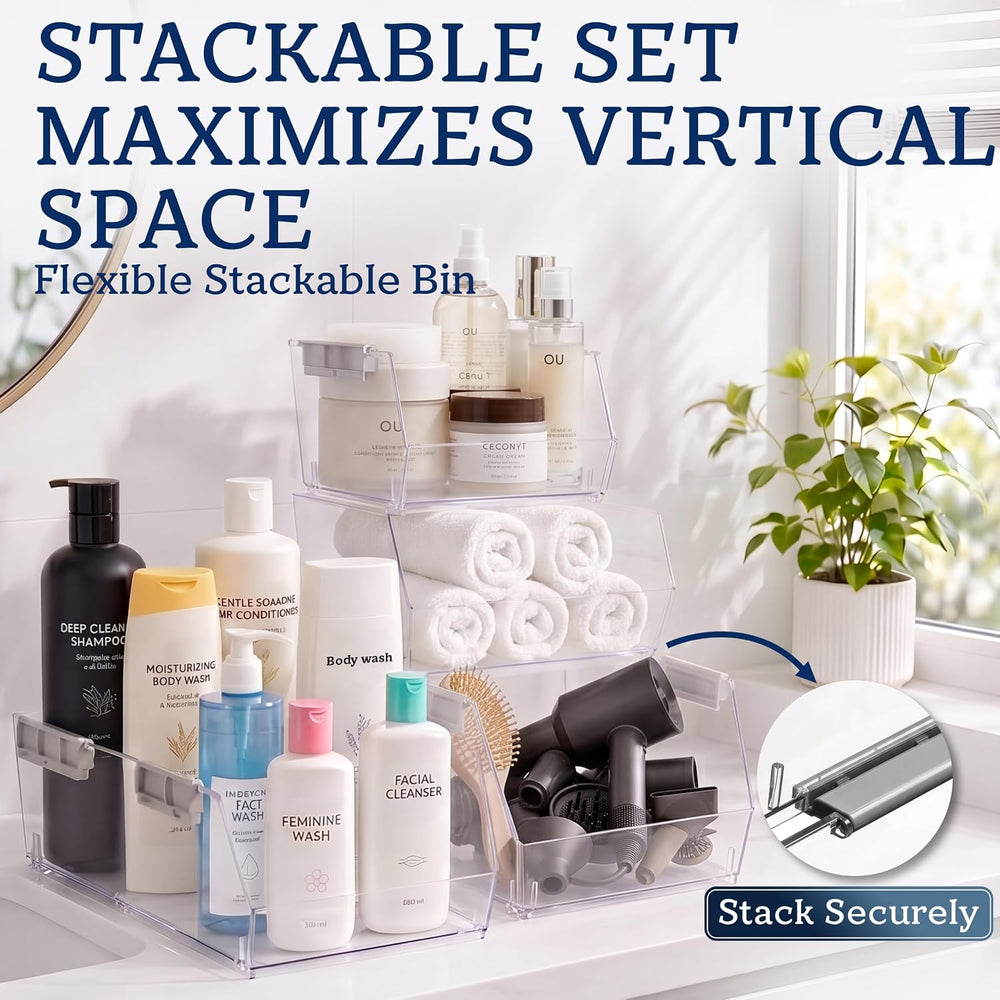 HOMESTEAD Set of 6 Stackable Storage Bins, 3 Large + 3 Small Clear Plastic Or...