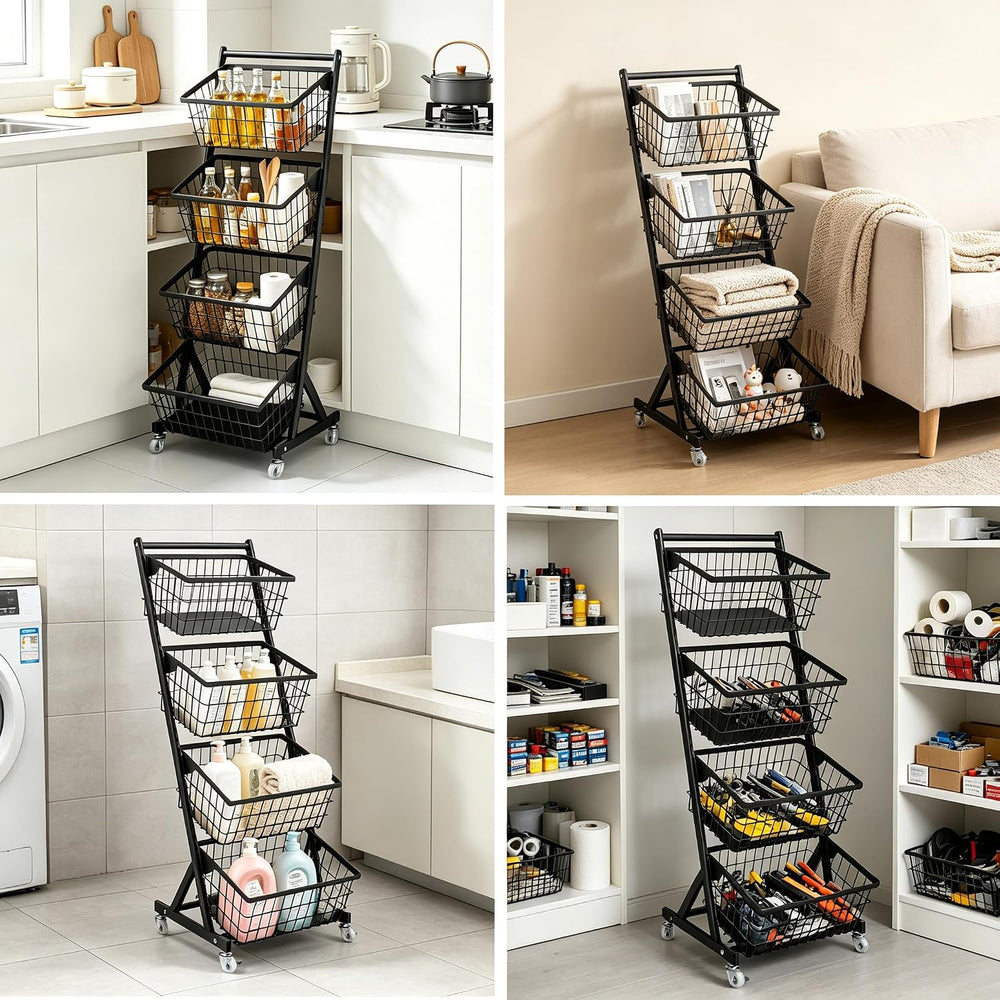 Kitchen Storage Cart, 4-Tier Rolling Organizer With Removable Baskets