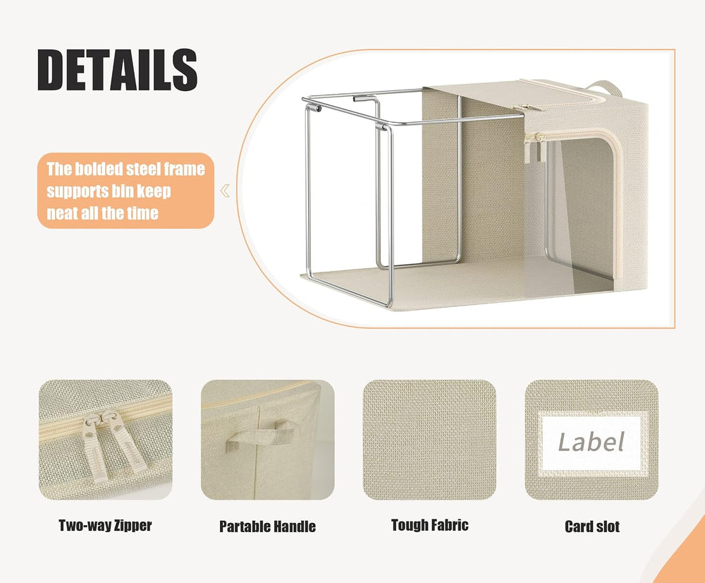 3 Openings Clothes Storage Bins with Metal Frame, Foldable Storage Bin for Cl...