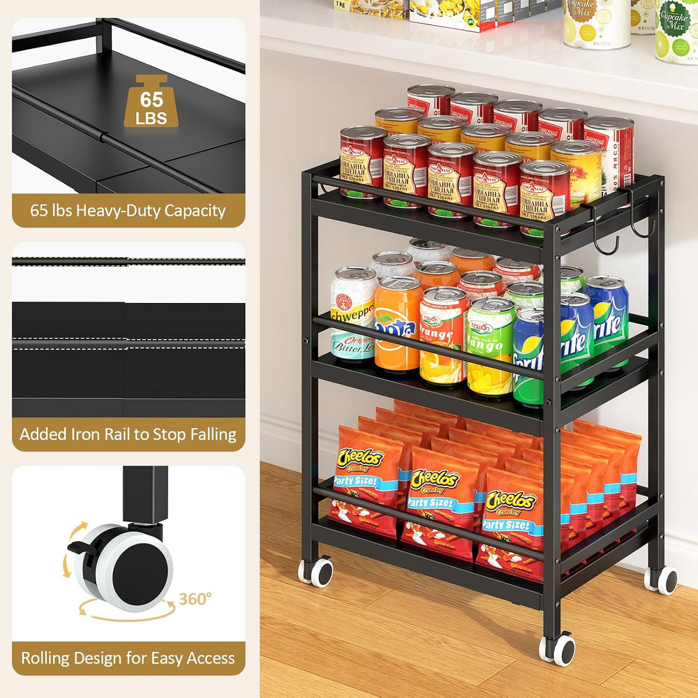 3-Tier Expandable Rolling Pantry Organizers and Storage Cart with Wheels, Adj...