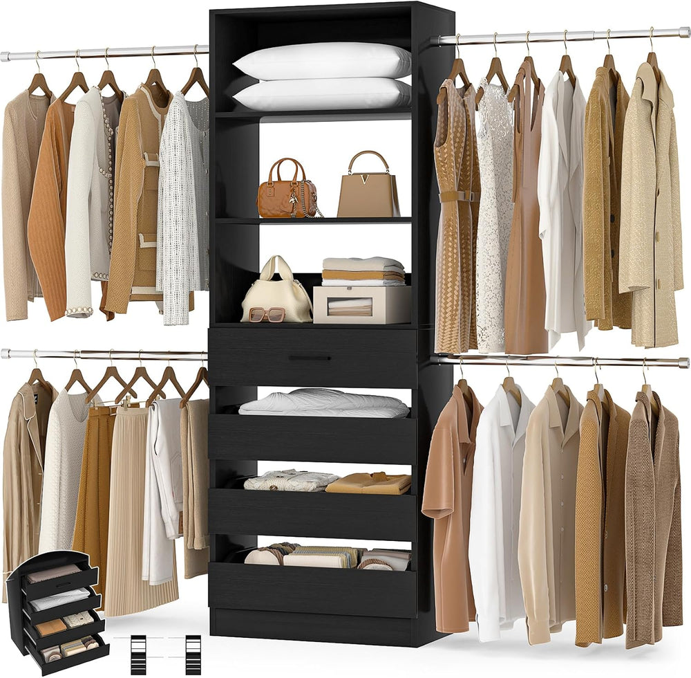 Aheaplus Closet System, 4-9Ft Closet Organizer with 4 Wooden Drawers, Black