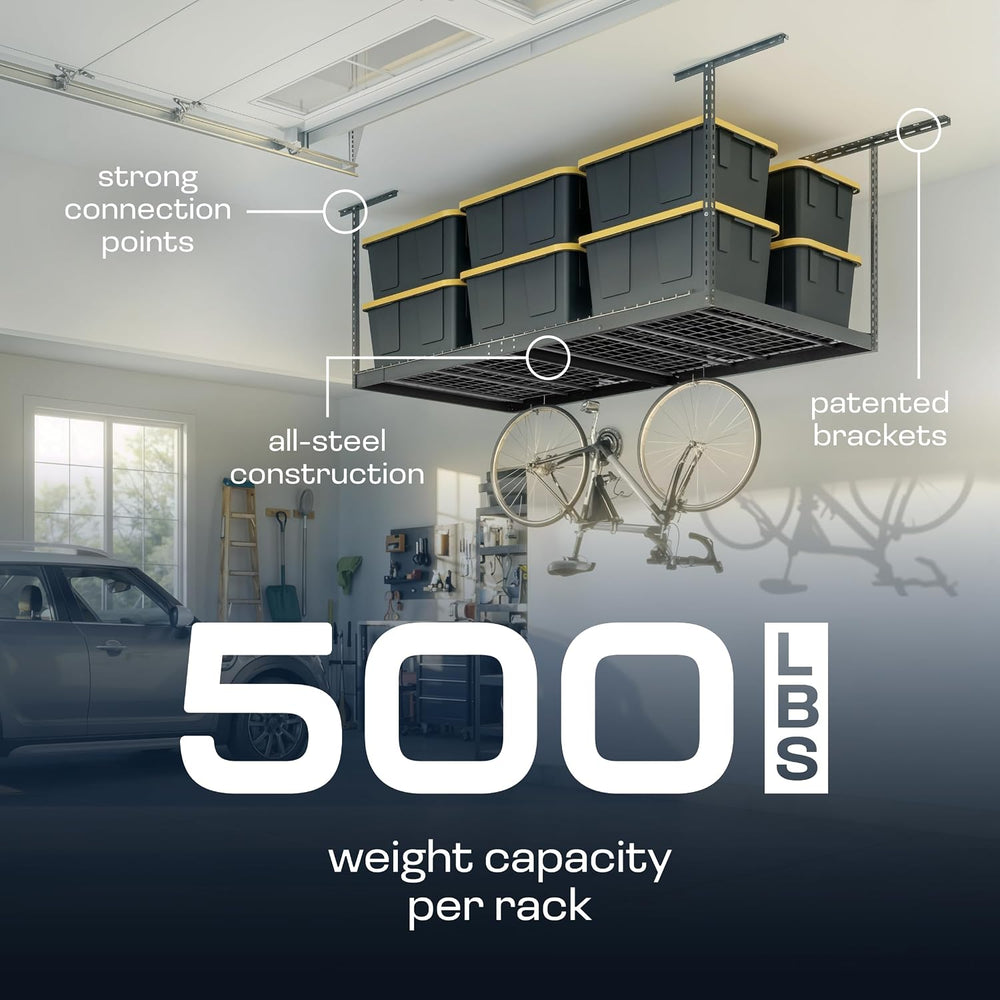 MonsterRax 2-Pack 4x8 Overhead Garage Storage Rack, Gray, 12"-24" H...