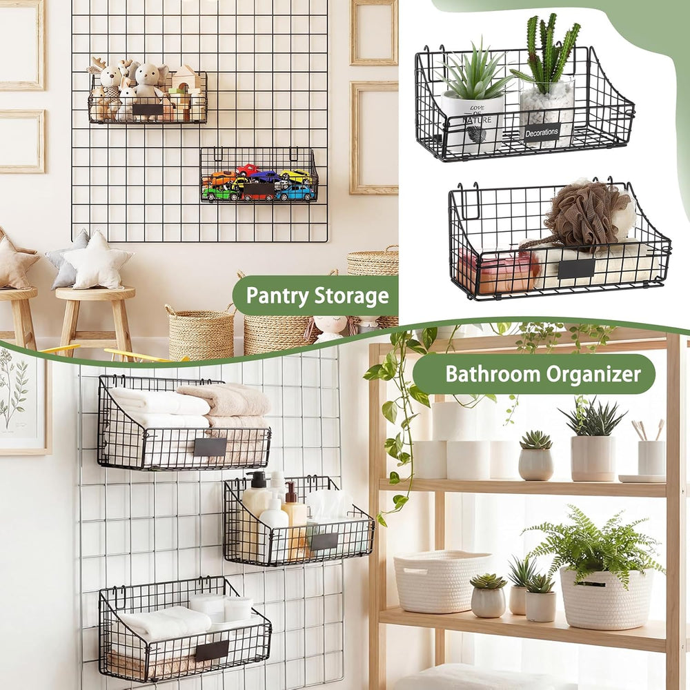Blulu 4 Pcs Grid Wall Baskets, Wire with Hooks for Hanging, 15 x 7 x 6 Inch