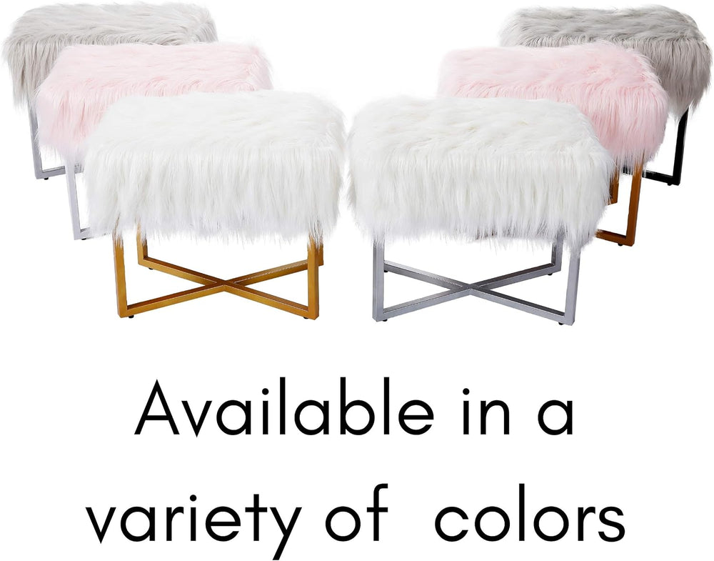 BIRDROCK HOME Rectangular Faux Fur Vanity Foot Stool Ottoman with Metal Legs ...