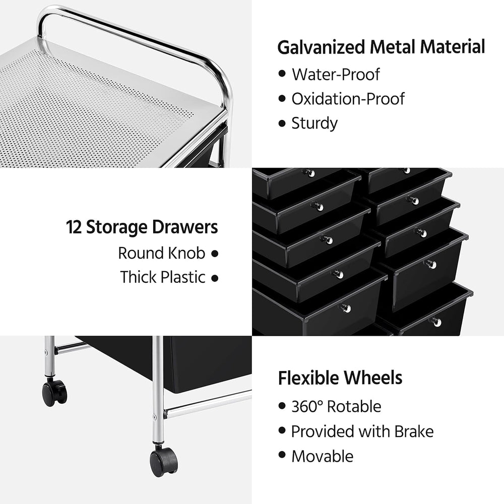 Yaheetech 12-Drawer Rolling Storage Cart on Wheels, Craft Organizer, Black