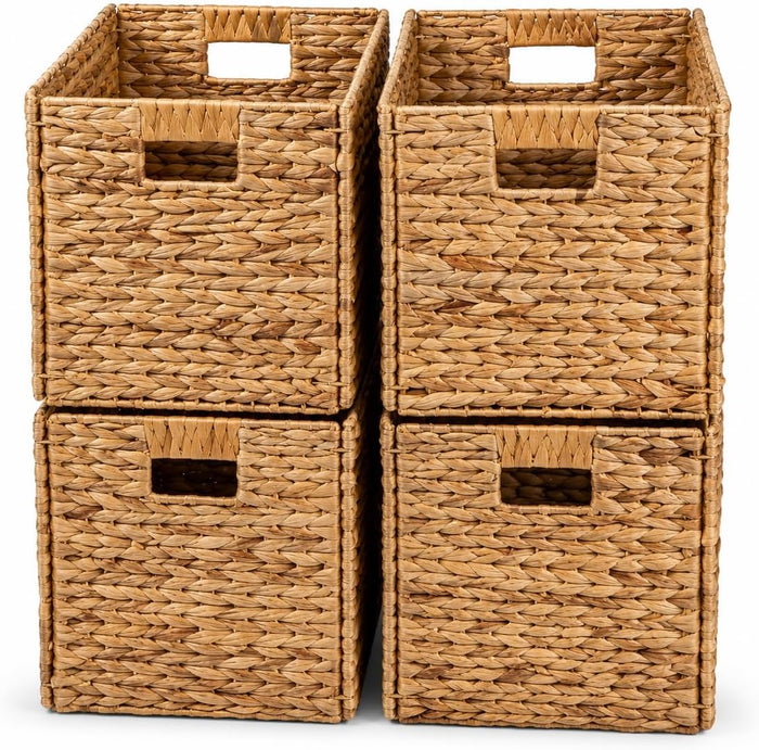 4 Hand-Woven Wicker Storage Baskets 13x11x11in, Water Hyacinth Shelf Bins