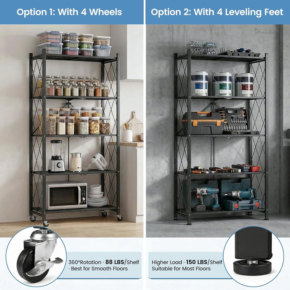 ALANNG 70.7" H Metal Storage Shelves, 5 Tier Folding Shelf on Wheels