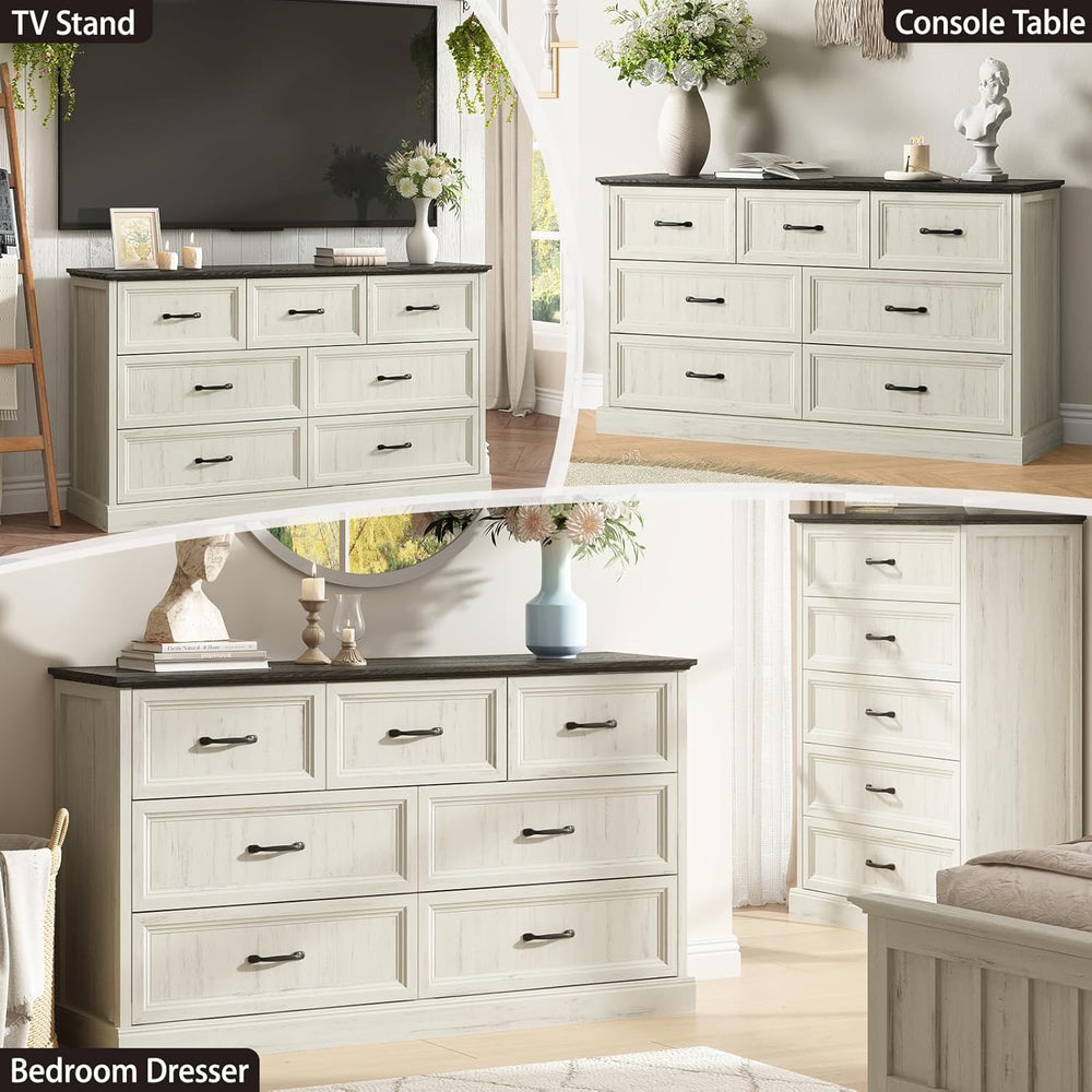 Farmhouse 7 Drawer Dresser for Bedroom, 55" White Dresser with TV Stand