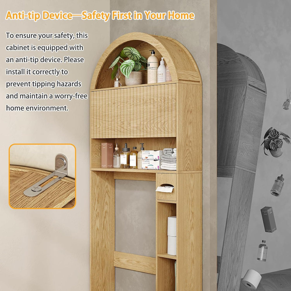 31" W Arched Over The Toilet Storage Cabinet, Fluted Doors, Natural
