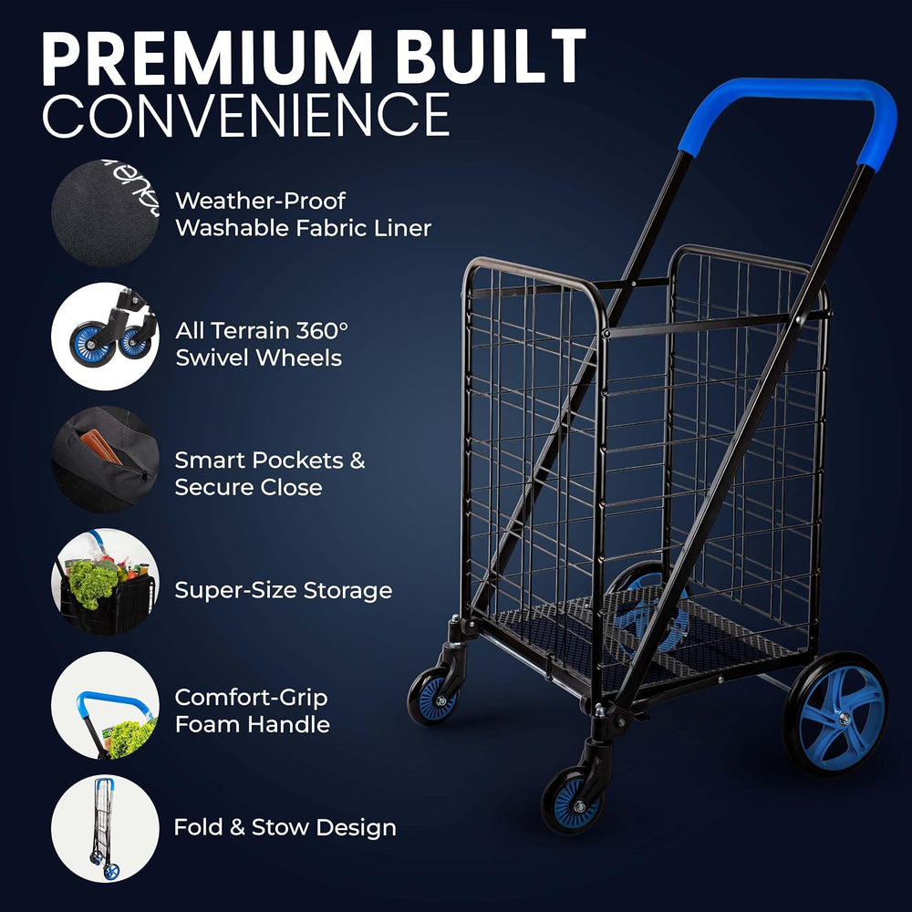 SereneLife Large Folding Utility Shopping Cart with Removable Liner – Heavy D...