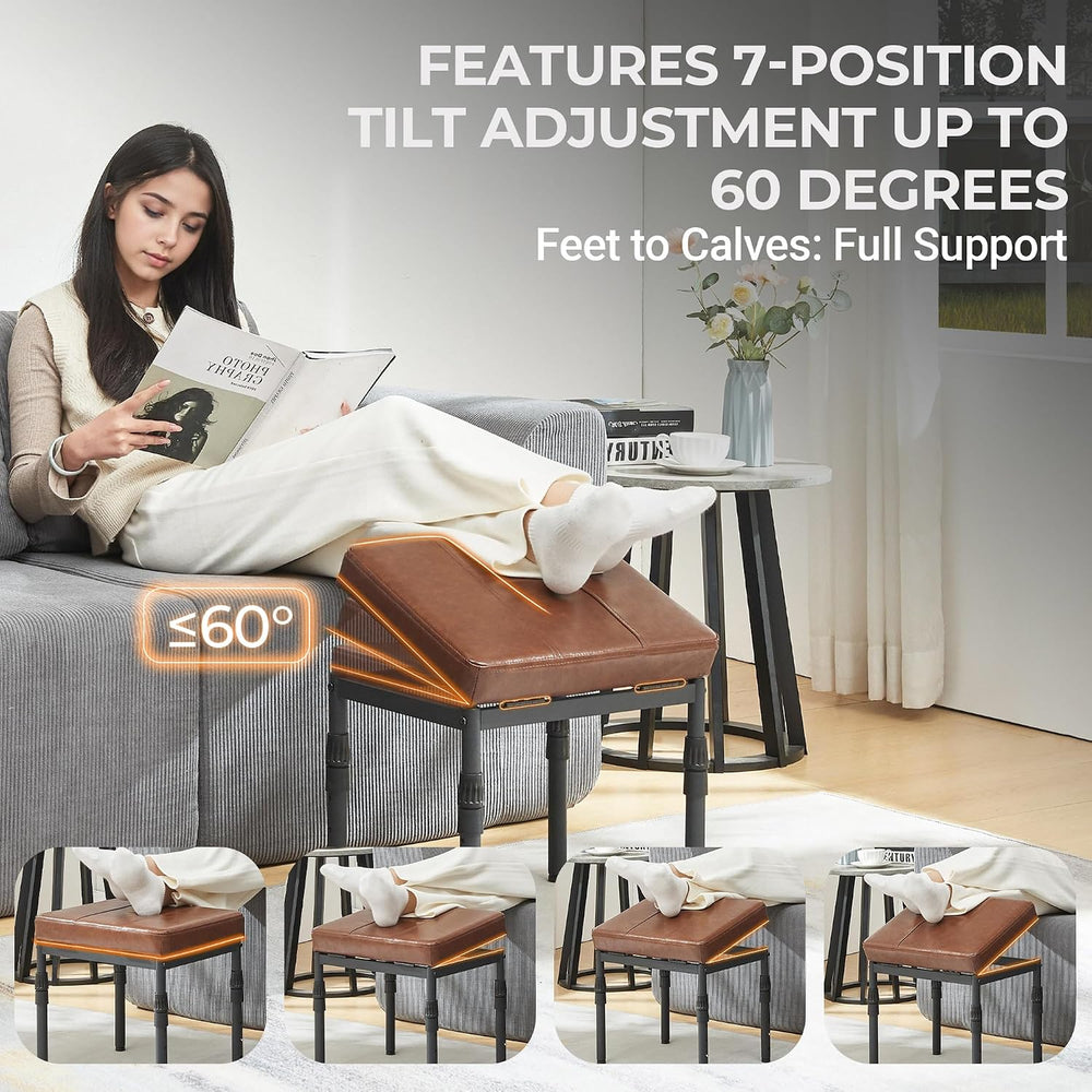 Adjustable Ottoman Pouf, 60 Degree Tilt Footrest, Brown Synthetic Leather