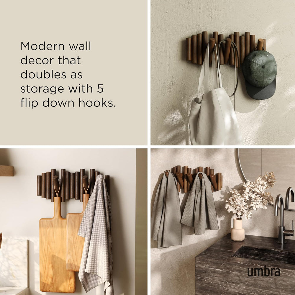 Umbra Picket Coat Rack, Wall Mount 5 Flip-Down Coat Hooks, Walnut