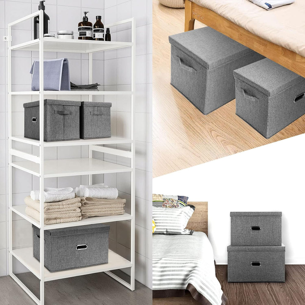 Large Linen Fabric Foldable Storage Bins with Removable Lid and Handles, Wash...