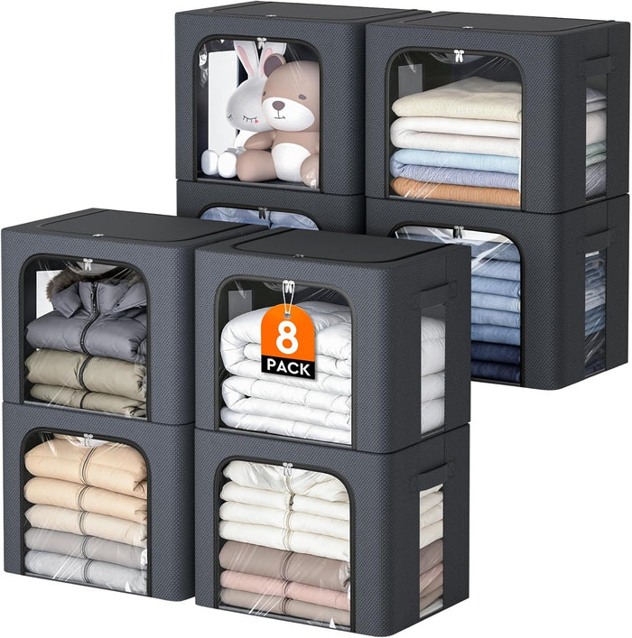 8 Pack Clothes Storage Bins with Metal Frame,Stackable Organizer Bins with Handles for Closet & Bedroom(Light Grey)
