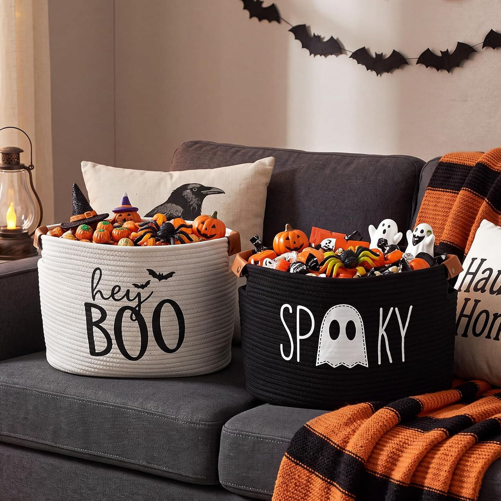 Potchen 2 Pcs Halloween Boo Cotton Rope Basket with Handles
