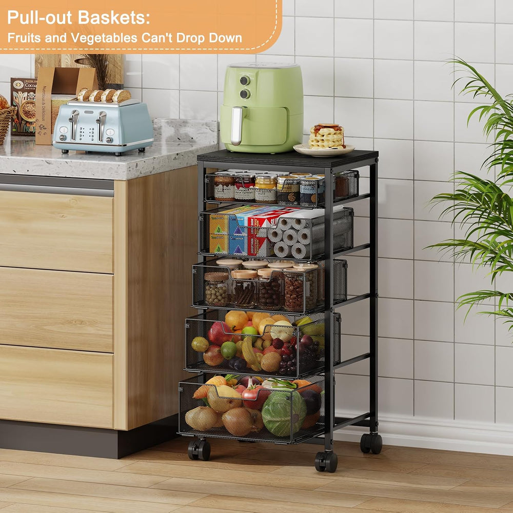 Kitchen Storage Cart with Drawer, 5-Tier Fruit Vegetable Storage Cart, Kitche...