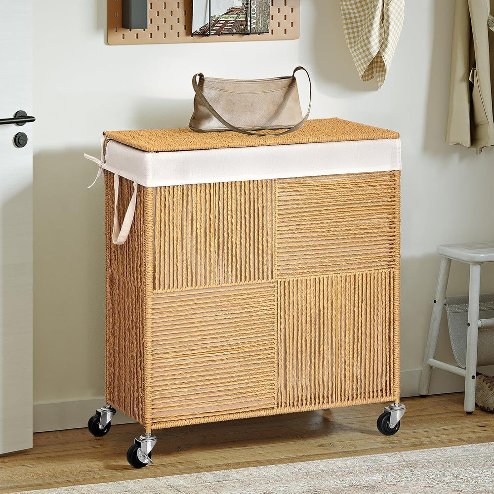 WOWLIVE Double Laundry Hamper with Wheels, Handwoven Rolling Laundry Basket