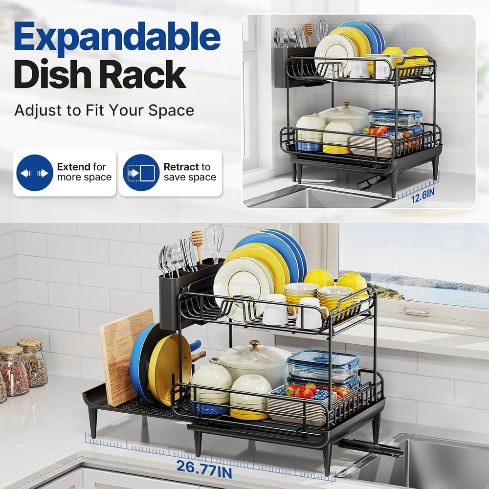 Urackify Dish Drying Rack for Kitchen Counter, Expandable 2 Tier Dish Rack, L...