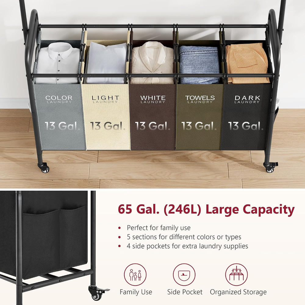 Tajsoon Laundry Sorter Cart with Hanging Rack, 5 Section, 5 Colors