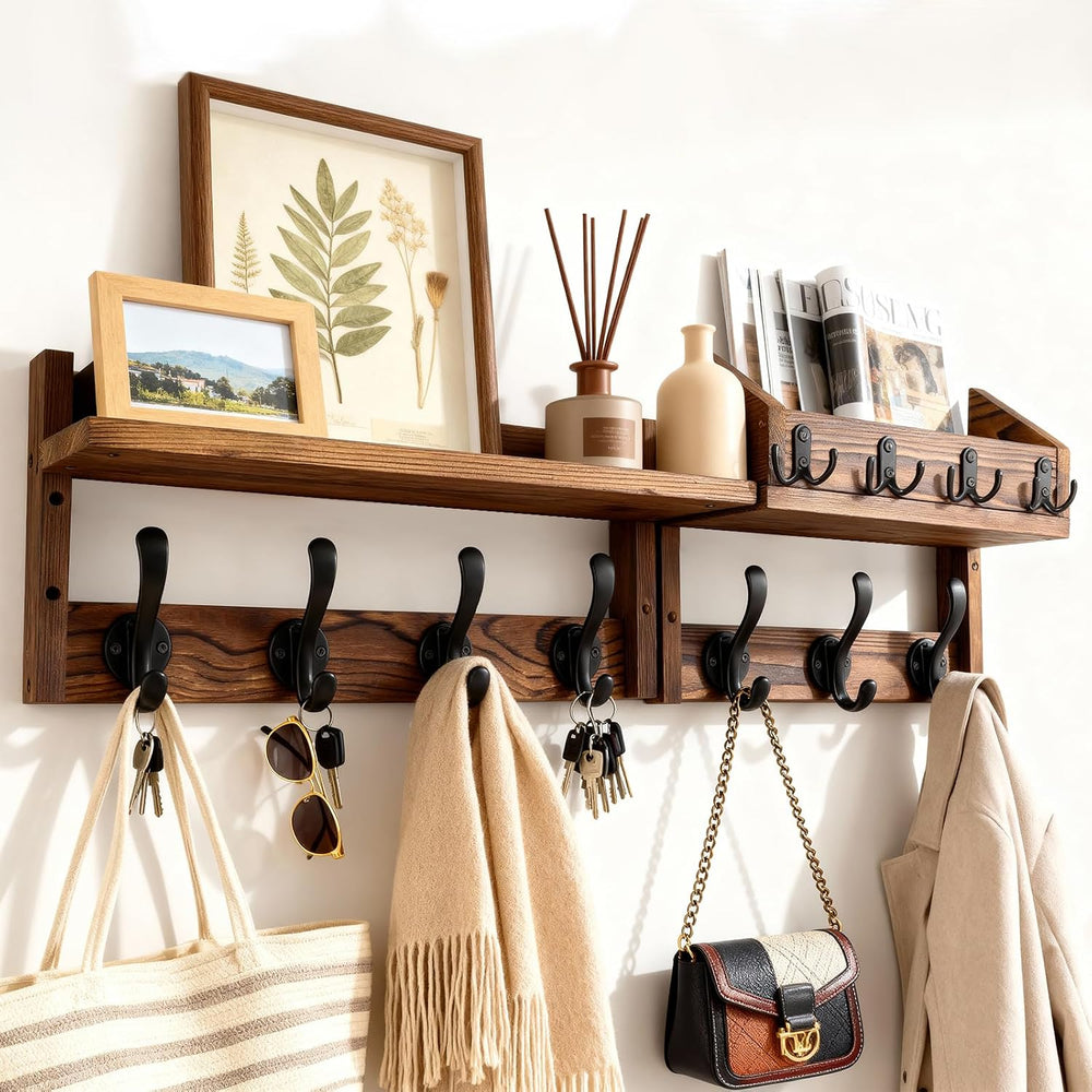 Coat Rack Wall Mount with Shelf, Wooden Wall Mounted Coat Rack for Entryway