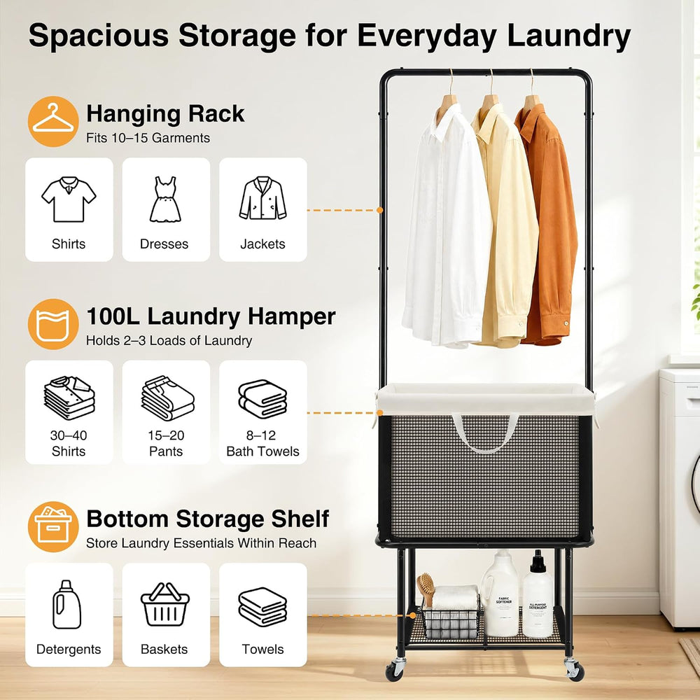 STO STO Rolling Laundry Cart with Hanging Bar, Laundry Hamper with Wheels