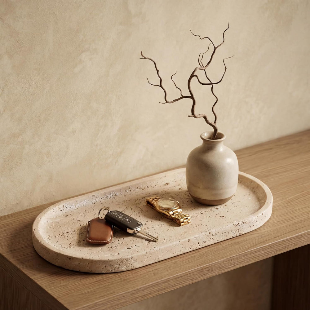 YKAJO Natural Travertine Beige Oval Marble Tray, 11.8x5.9 Vanity Organizer