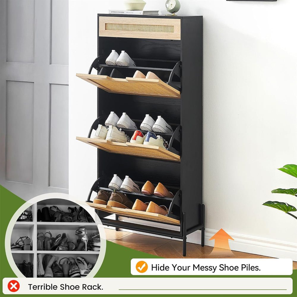 GAOMON Natural Rattan 3 Flip Door with 1 Drawer Shoe Rack Storage Cabinet, Sh...