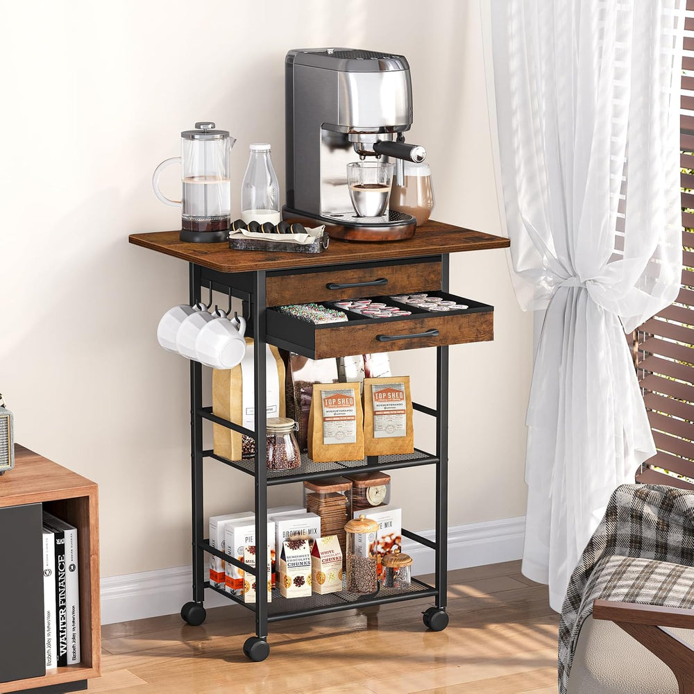 Snughome 5 Tier Rolling Coffee Cart with 2 Large Drawers & Removable Divi...