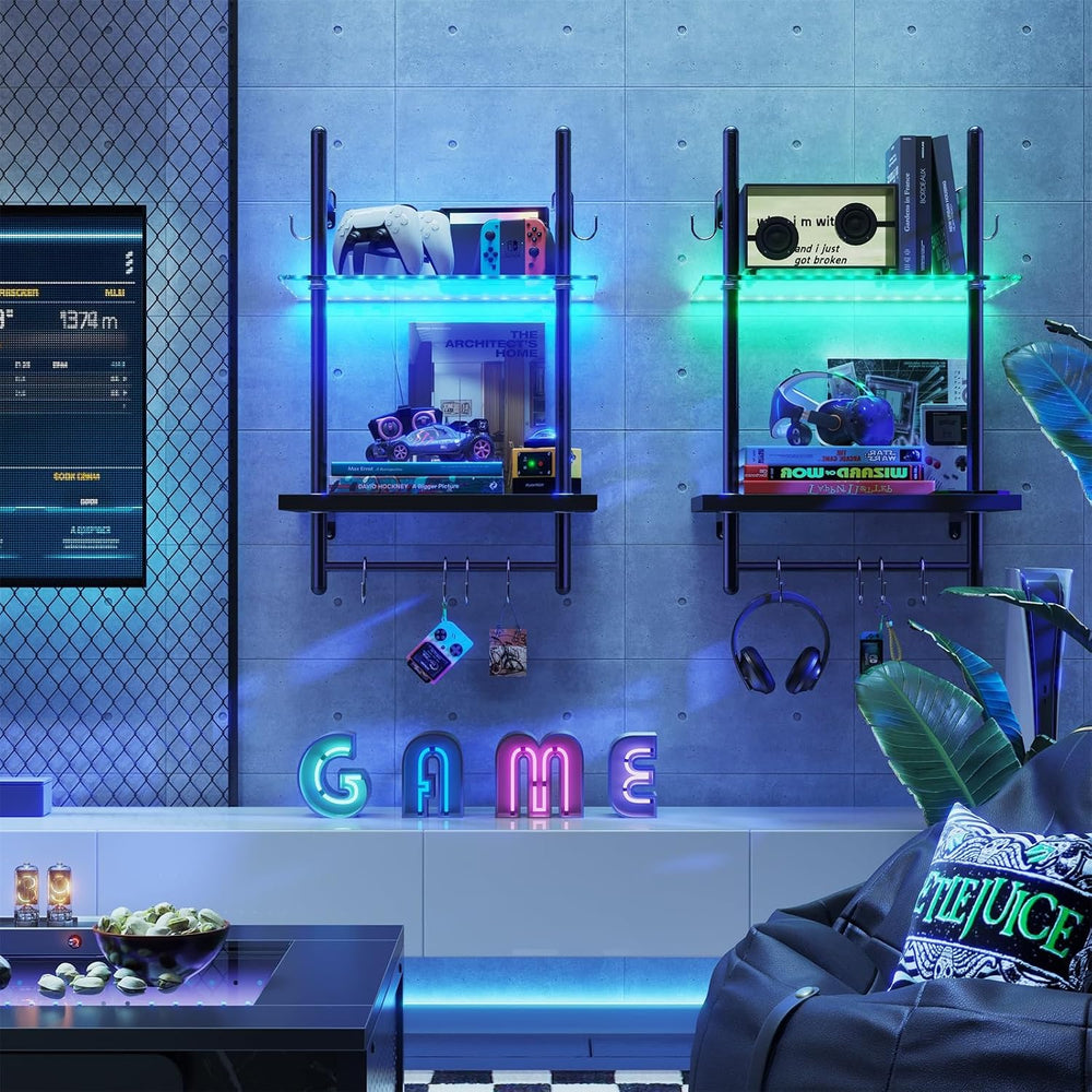 Bestier 15" Gaming Floating Shelves with LED Lights, Carbon Fiber Black