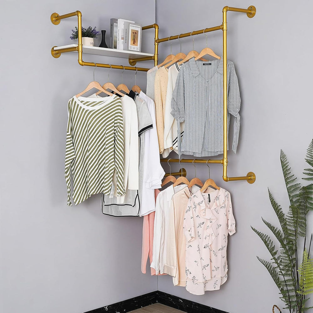 Industrial Pipe Clothing Rack, Wall Mounted Heavy Duty Garment Rack with Wood...