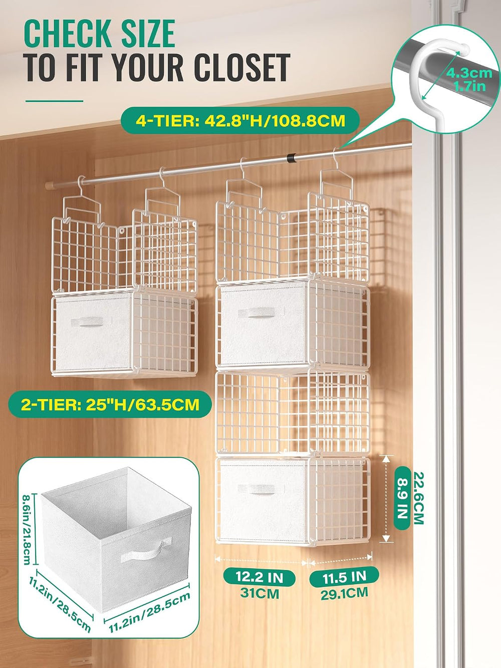 Hanging Closet Organizer with Drawers, 4 Tier Metal Closet Organizers and Sto...