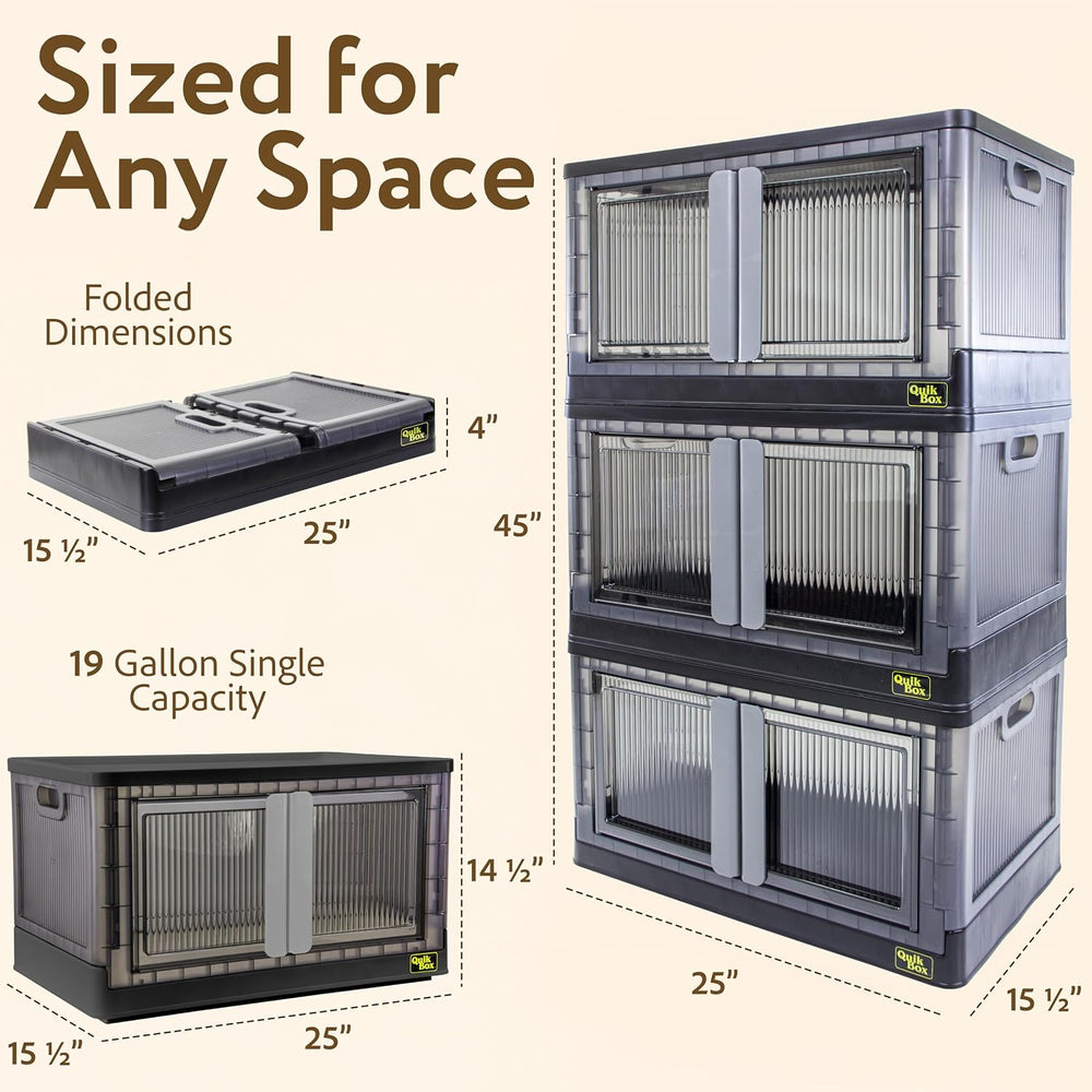 Quik Box - 19 Gallon 3 Pack Stackable Storage Bins with Doors, Collapsible Or...